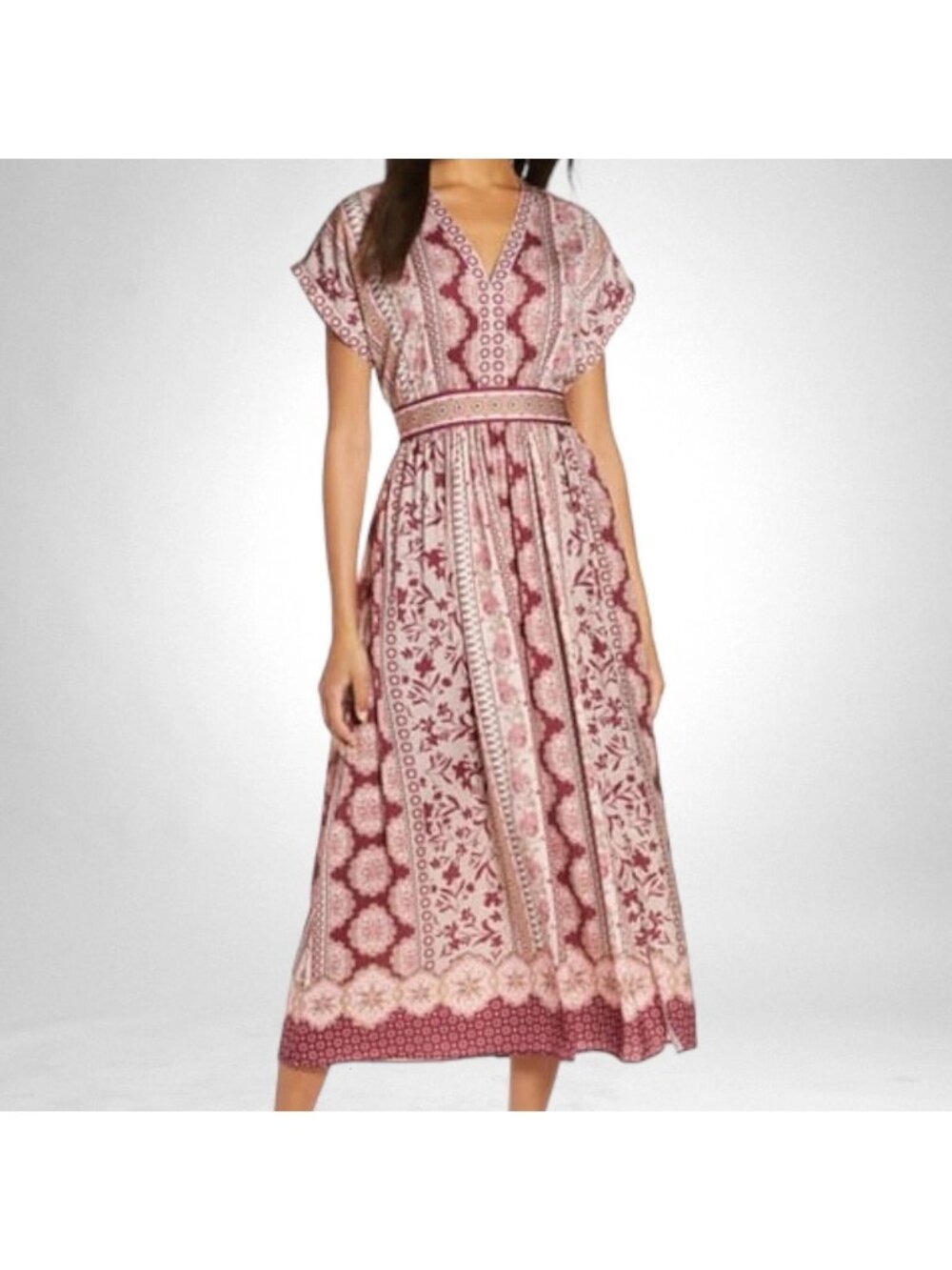 Gal Meets Glam Liza Print Charmeuse Midi Dress Wine & Taupe 6